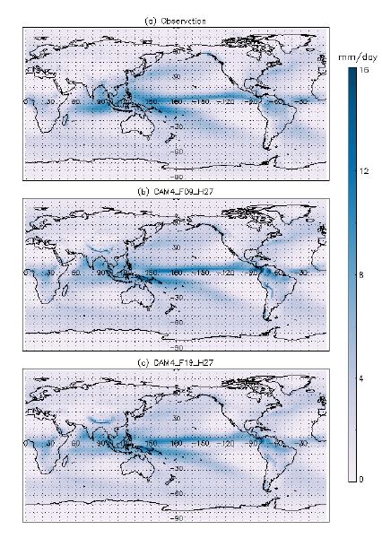 Figure 1.37. Spatial pattern of annual mean precipitation in (a) CMAP, (b) CAM4_F09_H27, and (c) CAM4_F19_H27 for the period of 1979 to 2005