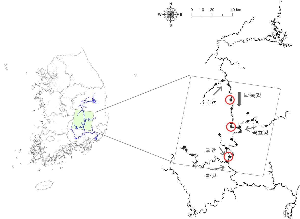 The map including the location of 27 sampling points in the Nakdong River with red circles at three stations (Gumi (Nakbon E), Yongam (Nakbon F), Daeam-1 (Nakbon G)).