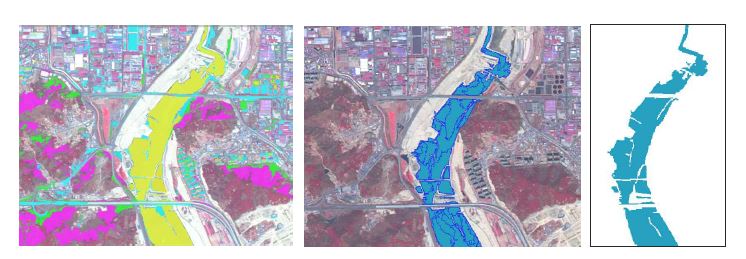 Object-based classification for water class masking: Classified image (left), water class image overlaid on raw data (mid), and water mask (right).