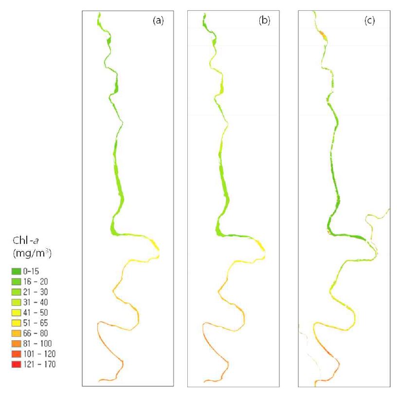 Spatial distribution of calibrated water quality modeling data by observed dataset (a) and image-derived Chl-a dataset (b) and masked Chl-a product image from RapidEye data (c).