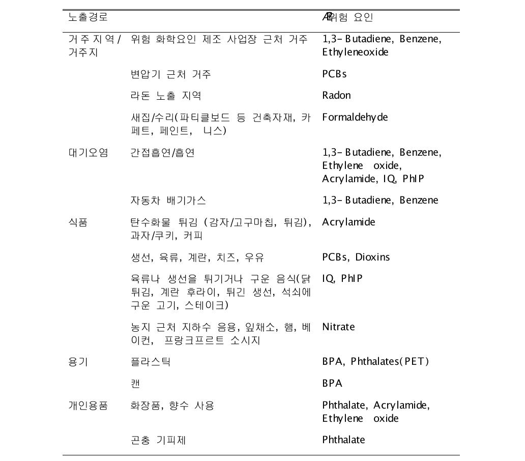 우선적 검토대상 환경요인의 노출경로 범주화(계속)