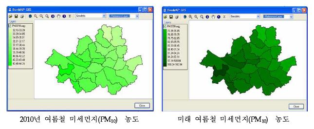 현재와 미래 미세먼지(PM10) 농도 분포