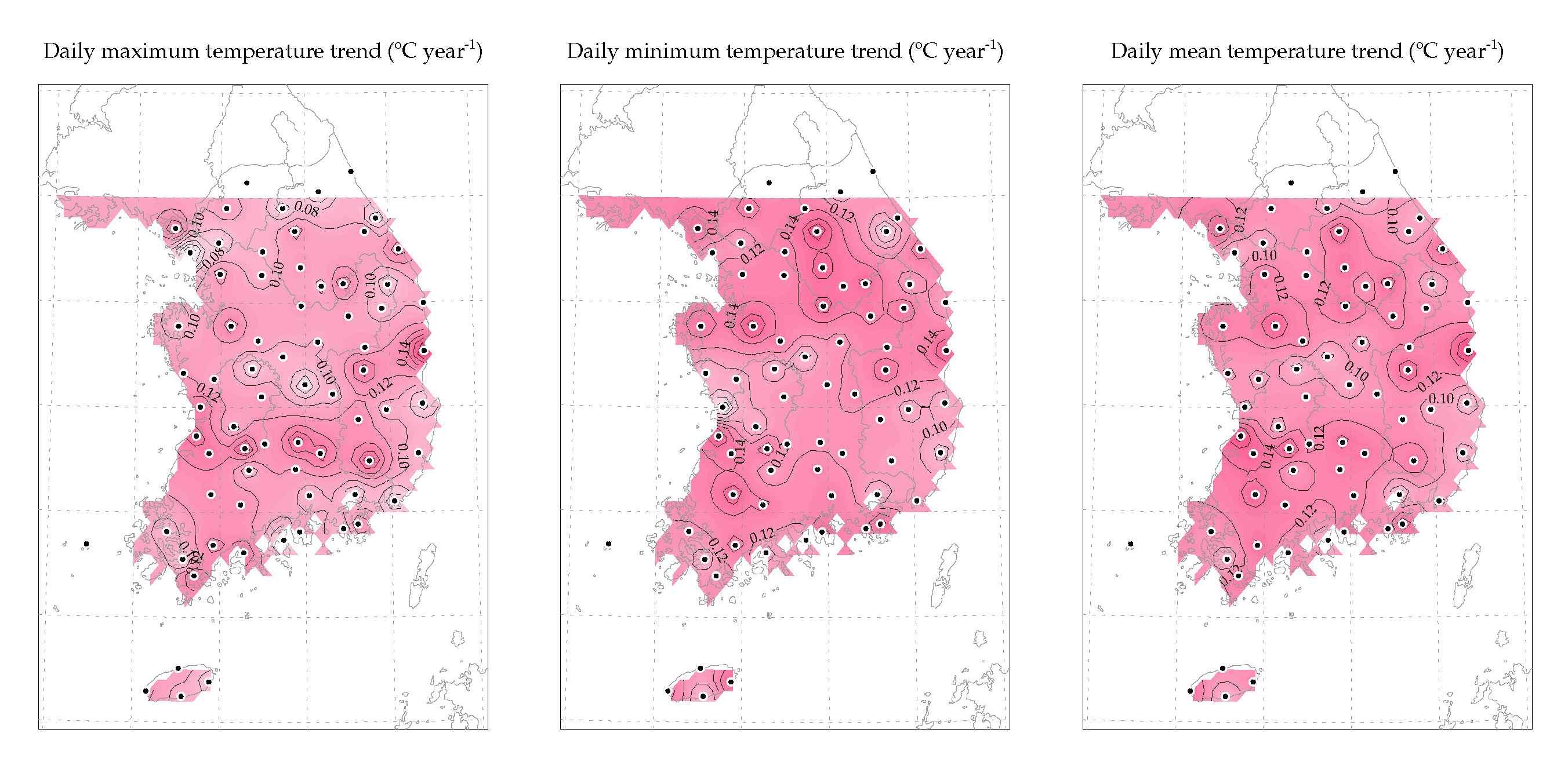 1999~2009년 일최고기온(좌), 일최저기온(중), 일평균기온(우)의 월평균 시계열로부터 얻은 추세값의 공간분포