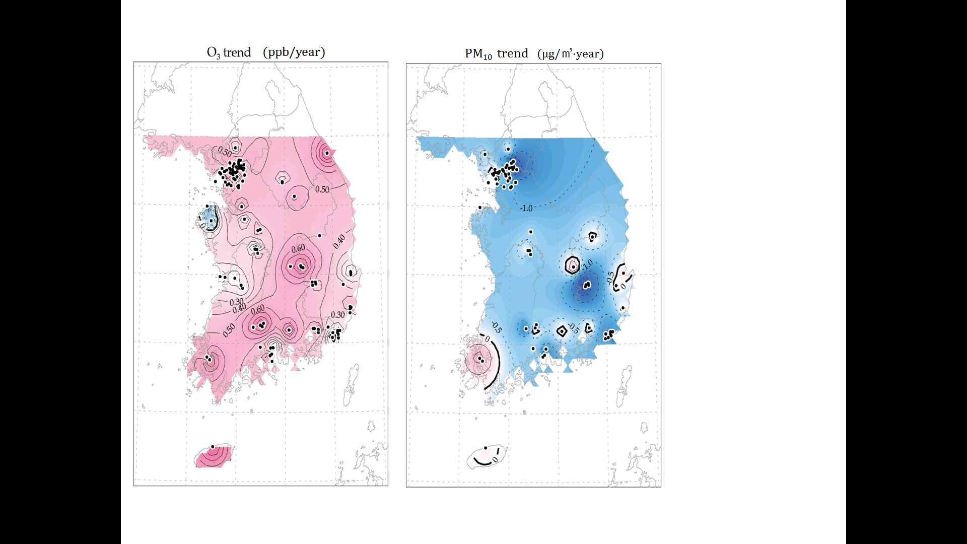 1999~2009년 오존(O3) 8시간 평균값 일자료의 월평균 시계열을 이용해 얻은 추세값의 공간분포