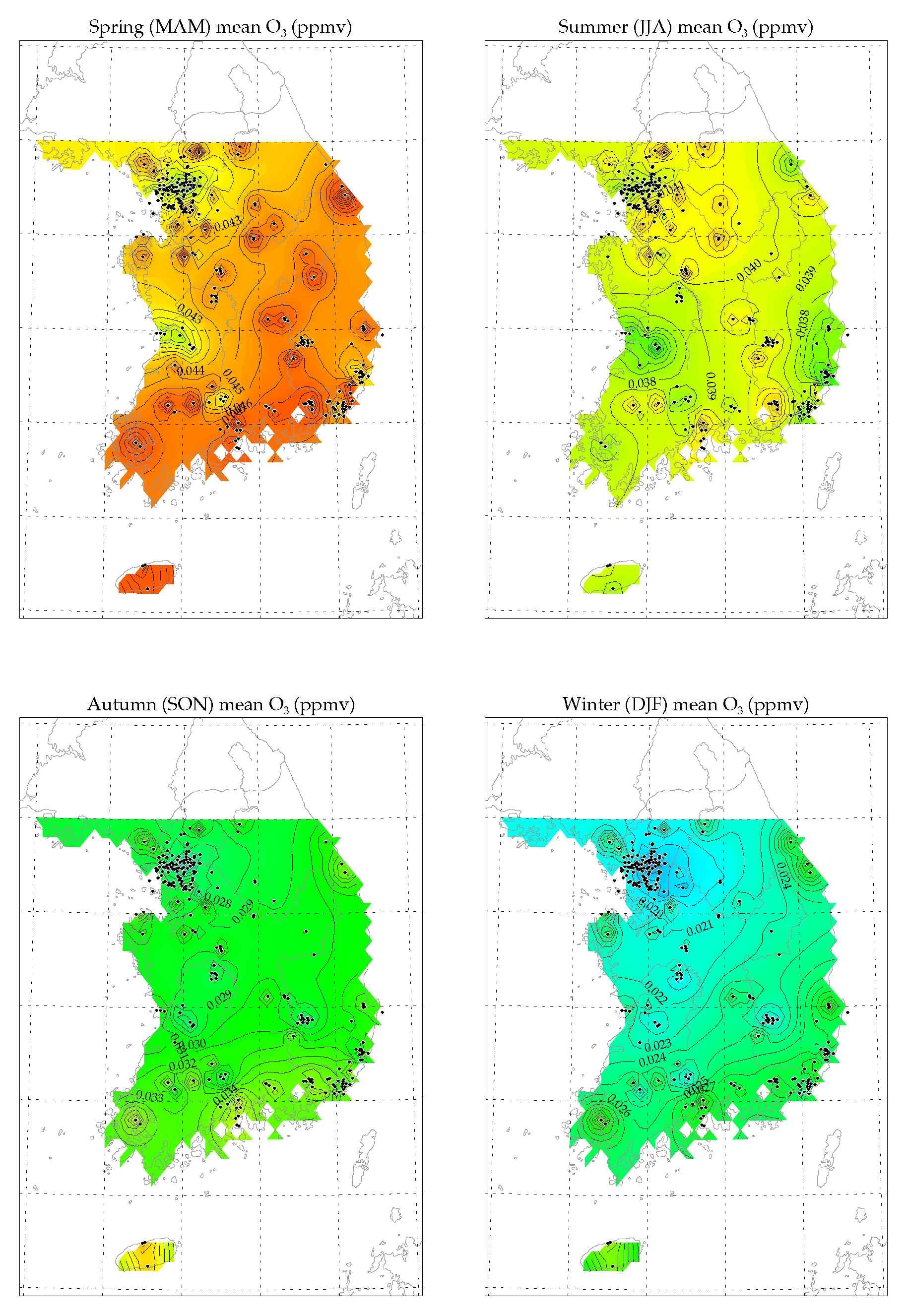 1999~2009년 오존(O3) 8시간 평균값의 계절별 평균값 공간분포