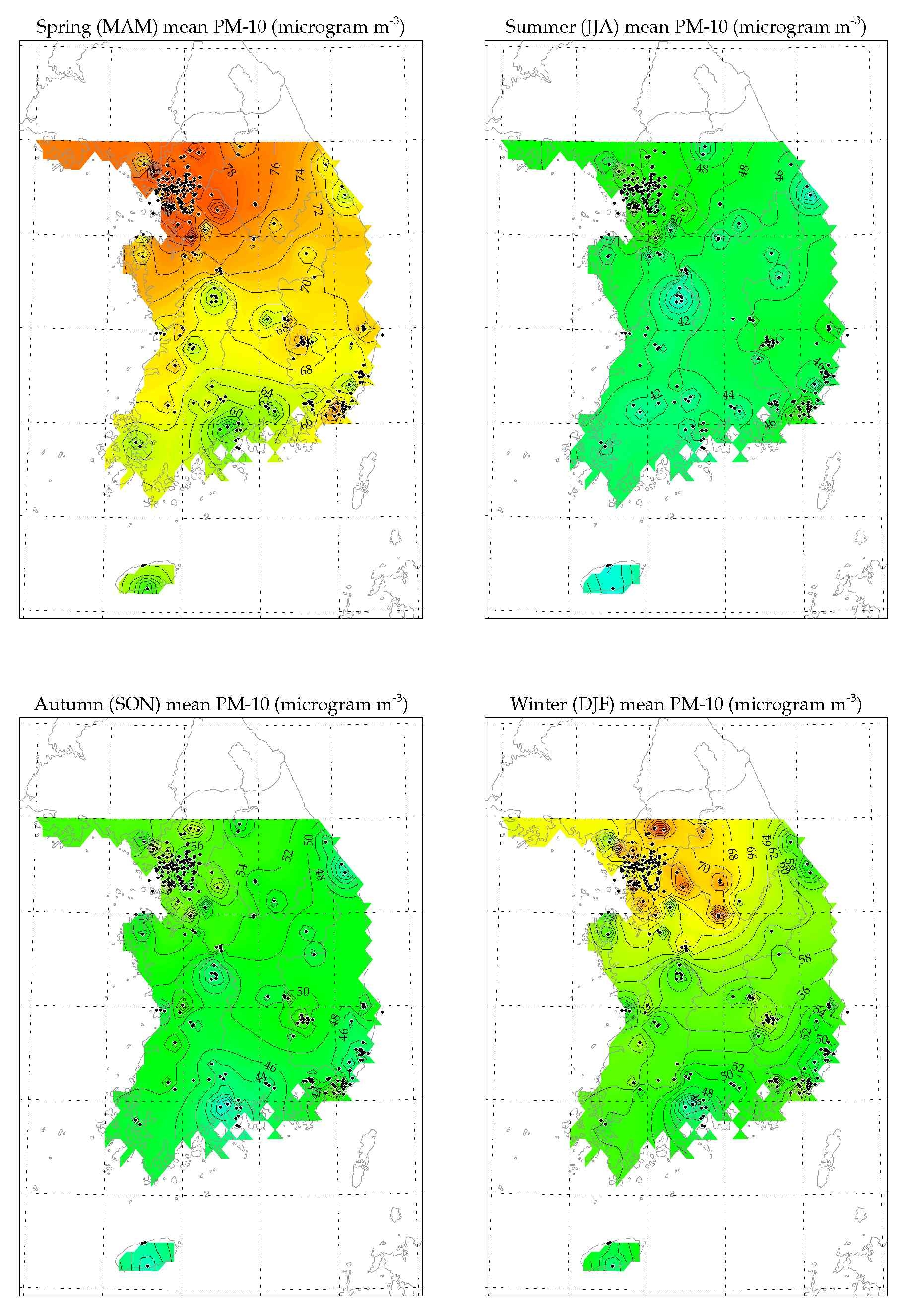2000~2009년 미세먼지(PM10) 24시간 평균값의 계절별 평균값 공간분포