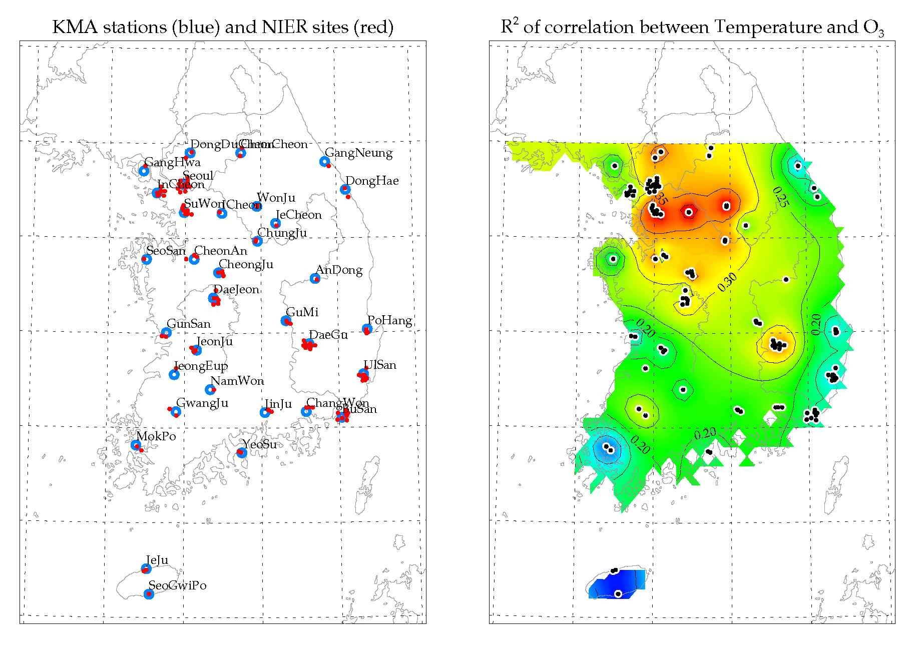 1999~2009년 일최고기온과 8시간 평균 오존(O3) 농도 사이의 상관성 분석을 위해 사용한 기상청 측정망(일최고기온, 33개 지점)과 환경부 측정망(8시간 평균 O3 농도, 114개 지점) 분포(좌) 및 상관계수(R2)의 공간분포(우)