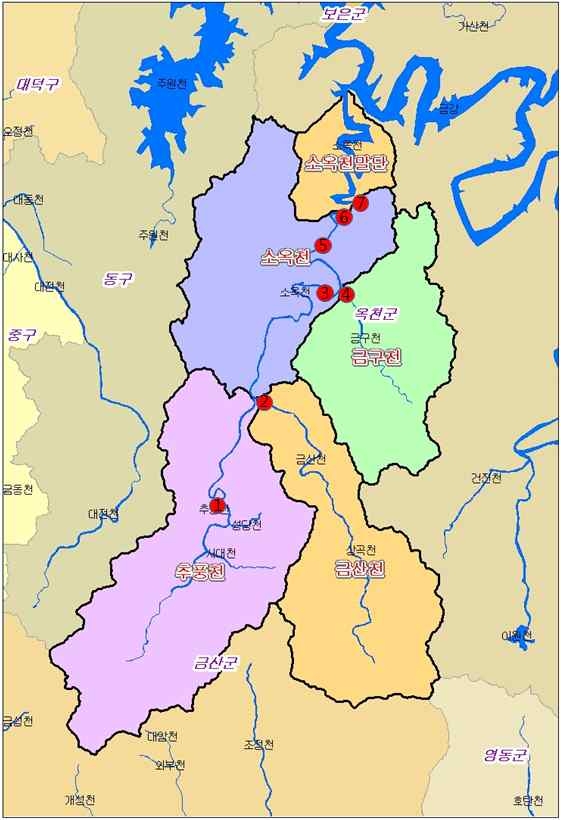 Investigation sites of water qualities in the So-okcheon watershed