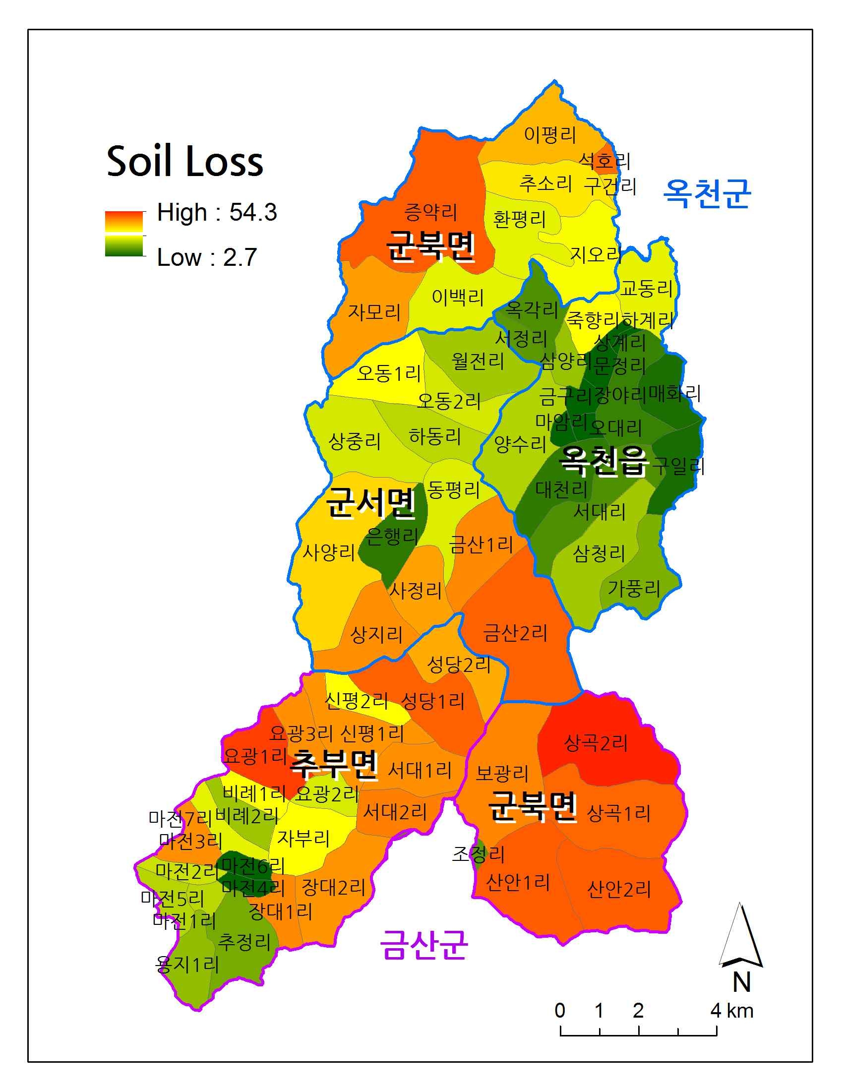 The amount of annual soil loss by an administrative district(ton/ha/yr)