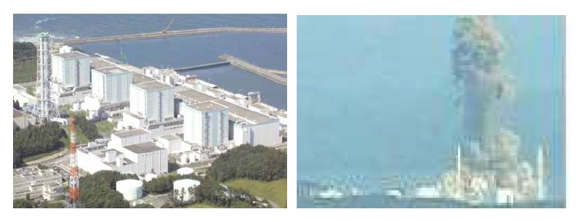 후쿠시마 원전 사고전 모습(좌) 및 원전 폭발광경(우)