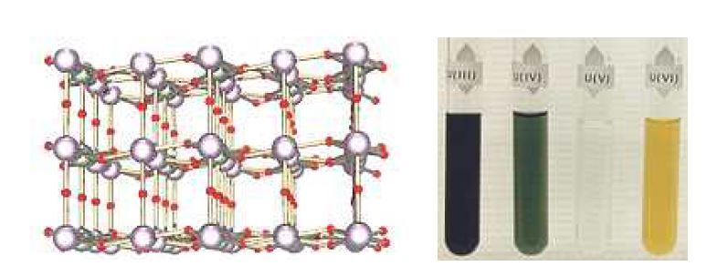 Triuranium octaoxide(U3O8)(좌) 및 우라늄의 산화상태에 따른 색(우)