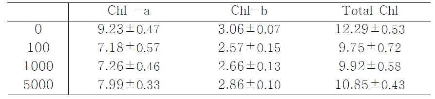유채의 처리구별 엽록소 함량 (mg/L)