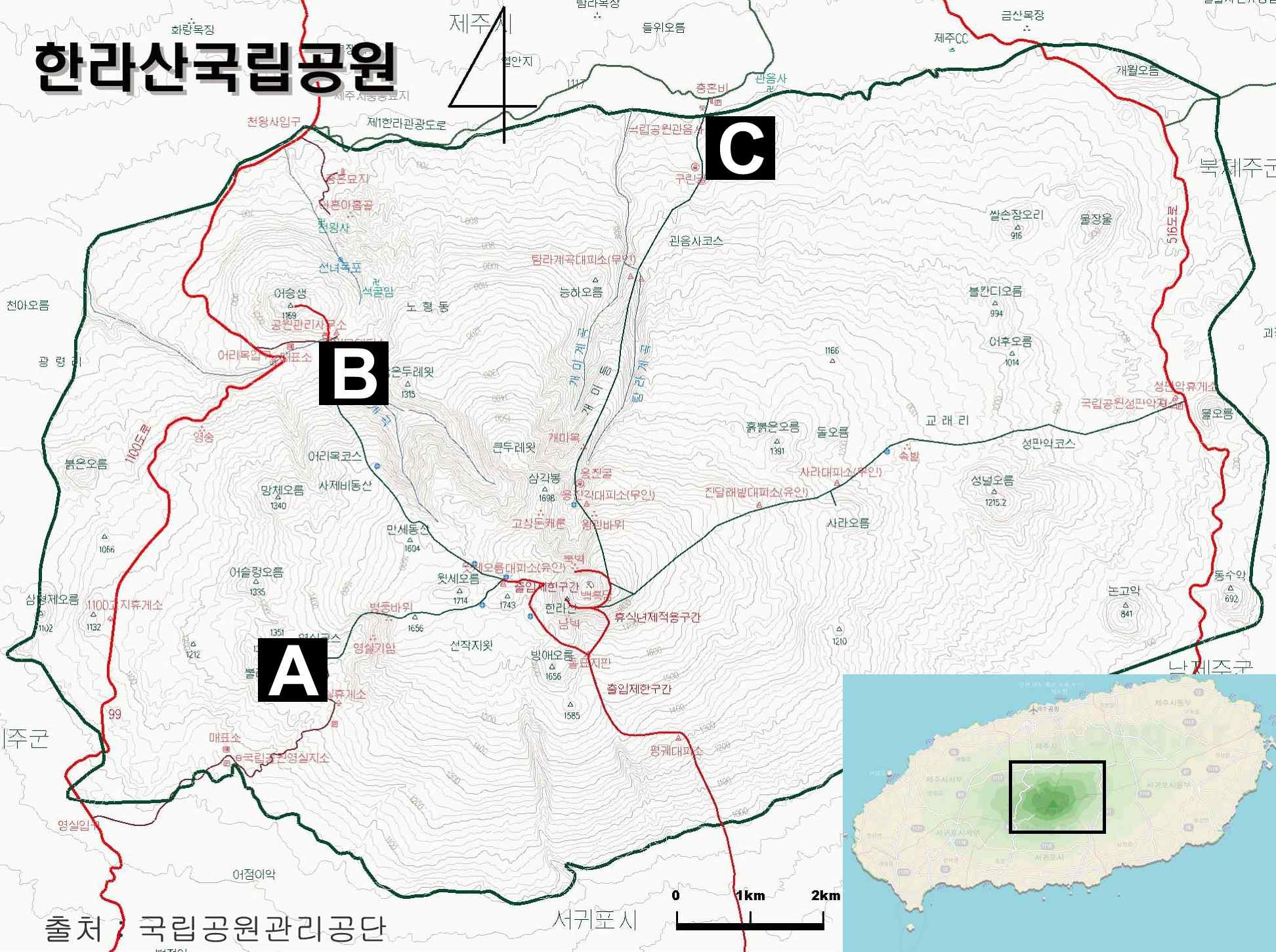 Fig. 1. The location of study site at Mt. Halla(A: Yeongsil, B: Eorimok, C: