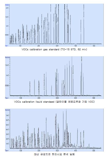 VOC 표준시료 및 실제시료의 GC/MS 크로마토그램 일례.