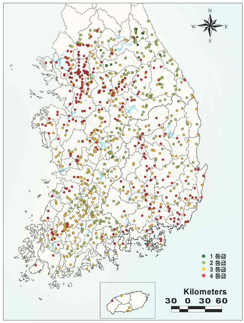 2011년도 수생태계 건강성 평가에 기초한 전국 복원 요구 등급 분포