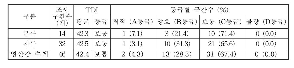 영산강 수계 본류 및 지류의 부착조류 영양염지수(TDI) 및 등급 분포