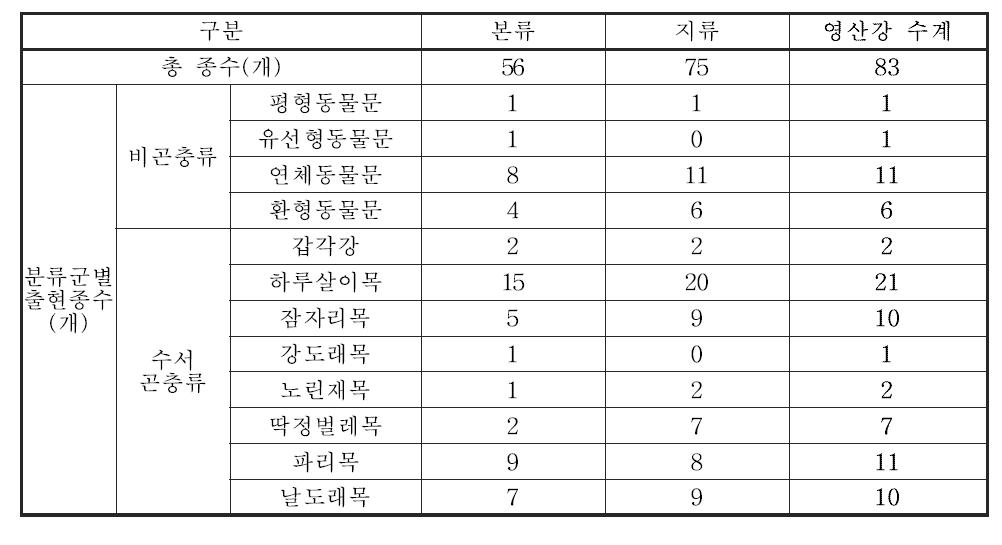 영산강 수계 본류 및 지류의 저서성 대형무척추동물 출현종수