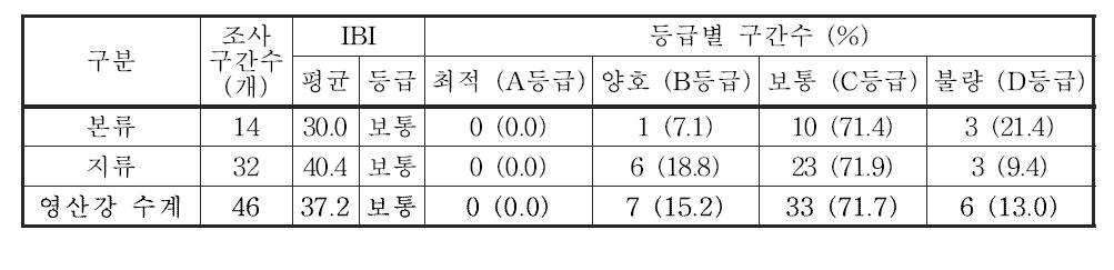 영산강 수계 본류 및 지류의 어류 생물지수(IBI) 값 및 등급 분포