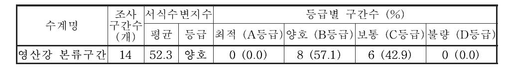 영산강 대권역 본류구간의 서식수변환경지수 값 및 등급 분포