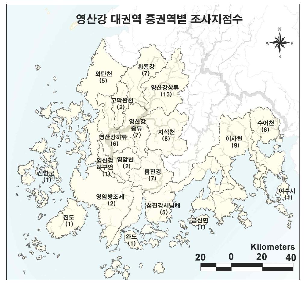 영산강 대권역 중권역별 조사구간