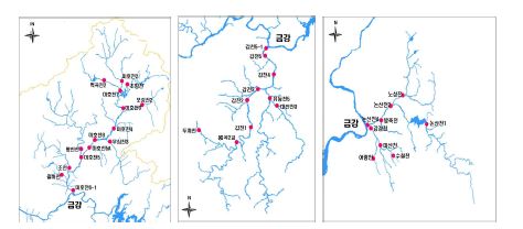 그림 3-4. 미호천(좌), 갑천(중), 논산천(우) 현장조사 지점