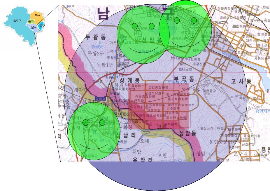 그림 2-4. 울산광역시 석유화학단지를 중심으로 한 연구 대상지역.