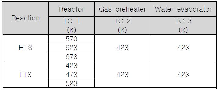유동층 수성가스 반응기의 실험 온도