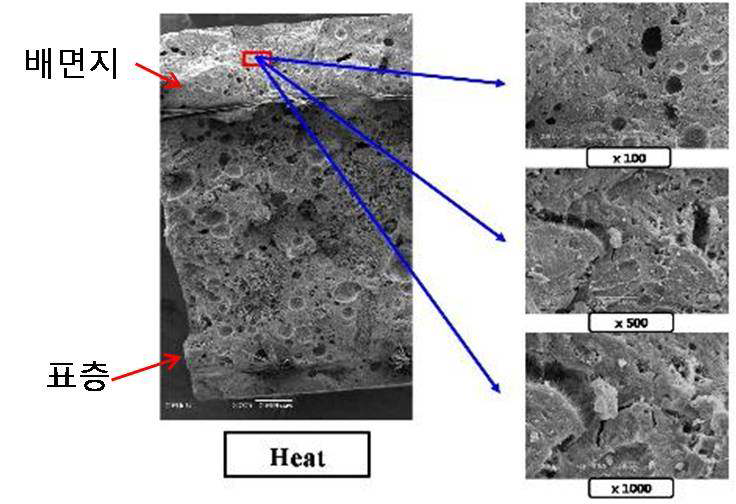 내열조건 시험편에 대한 인장시험 후의 파단면에 대한 미세구조