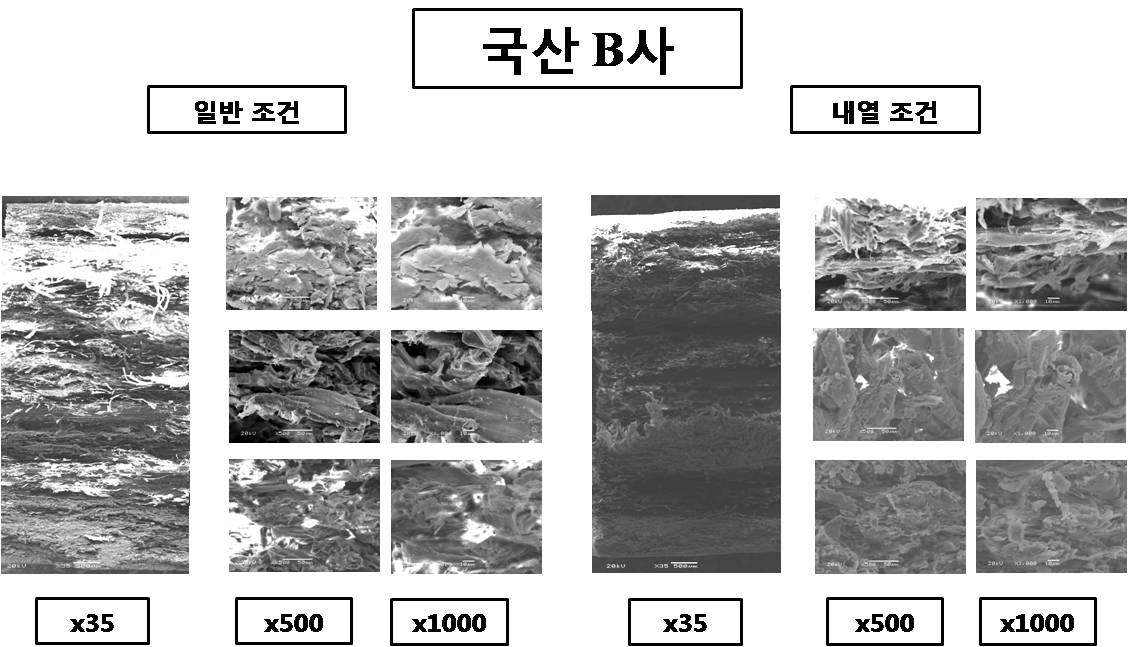 국산 B사 시험편에 대한 파열시험 후의 파단면에 대한 미세구조.