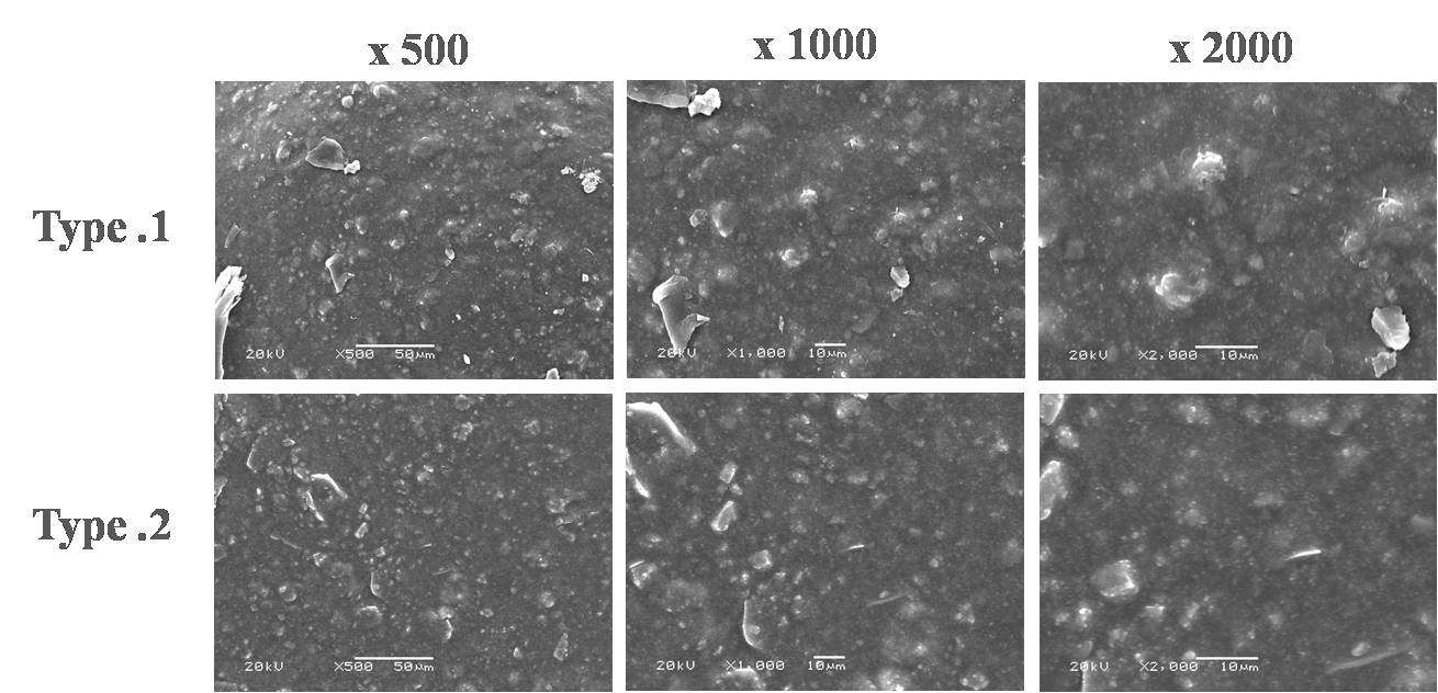 1단계 개발품 벽지의 표면을 SEM을 통한 미세구조 사진.