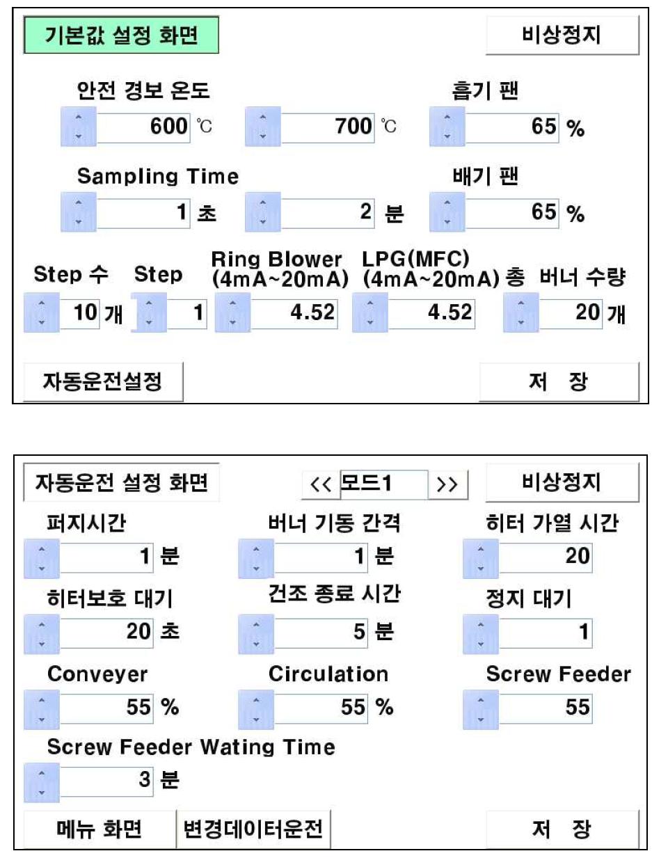 촉매연소 건조기 자동제어 기본 값 및 자동운전 설정화면 구성