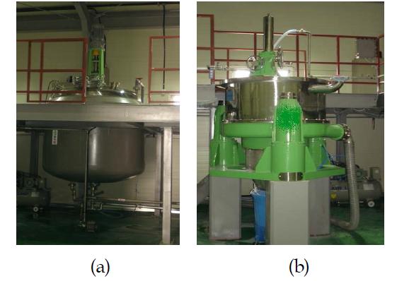CSP 대량생산을 위한 (a) 반응기 및 (b) 원심분리기