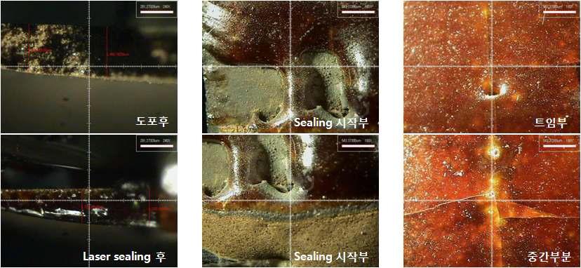 글라스 프릿 도포 후 및 파이버 레이저 실링 후 사진