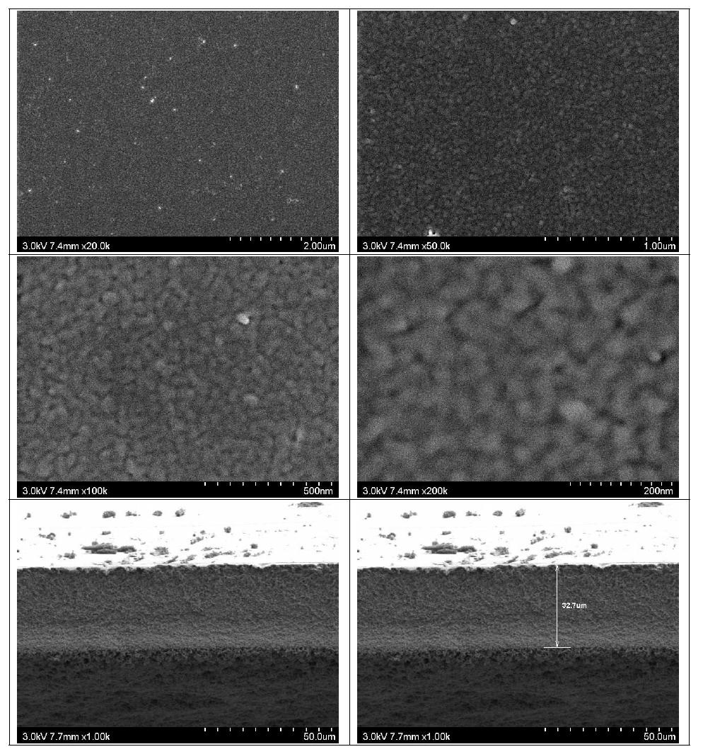 막의 표면(위) 및 단면(아래) SEM (air 30 s, PEG 60 s → H2O)