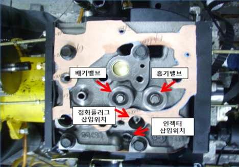 실린더 헤드부 실물사진 및 스파크 플러그, 인젝터 삽입위치