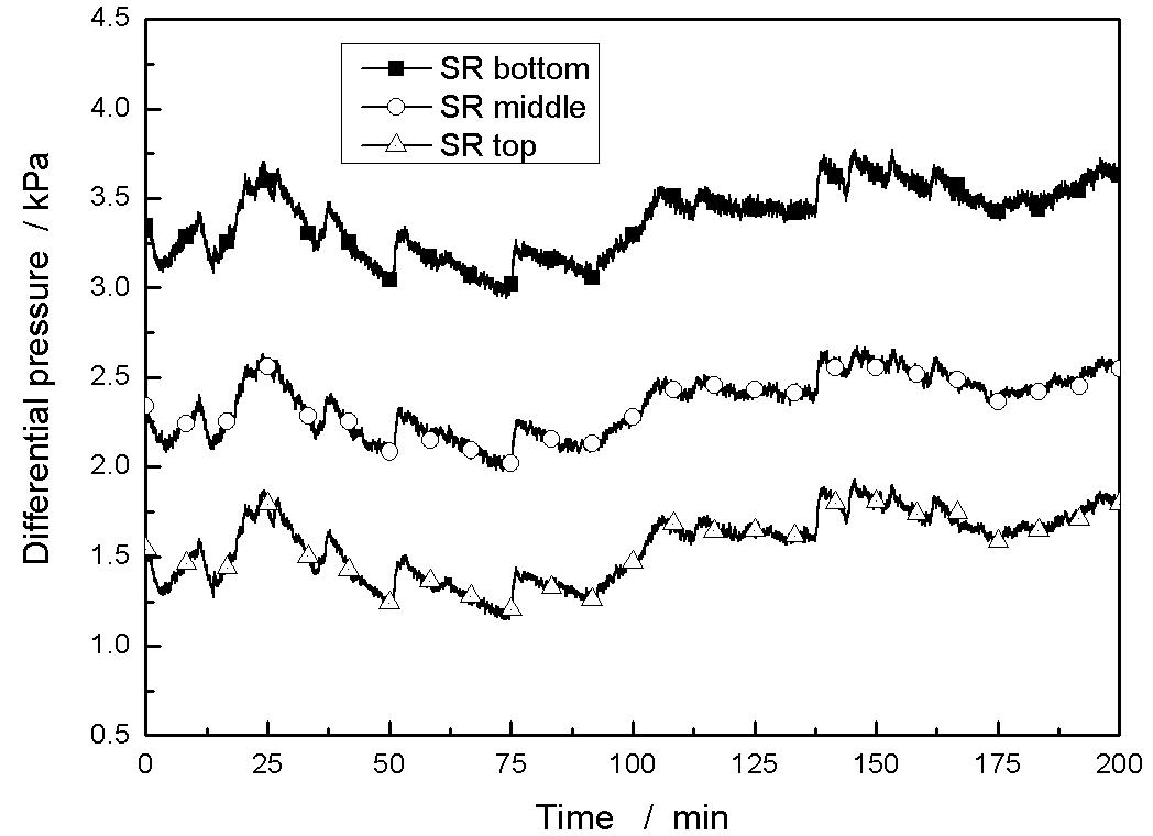 Differential pressures of steam reactor at bottom, middle, and top points at a steady state.