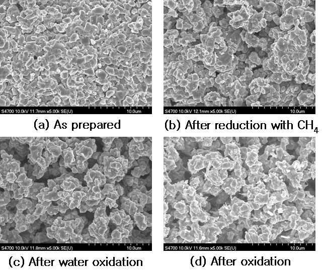 SEM image of the Fe₂O₃ (30 wt.%)/ZrO₂ (a) as prepared, (b) after reduction at 900℃ with methane, (c) after steam oxidation at 900℃ and (d) after oxidation at 900℃ with air.