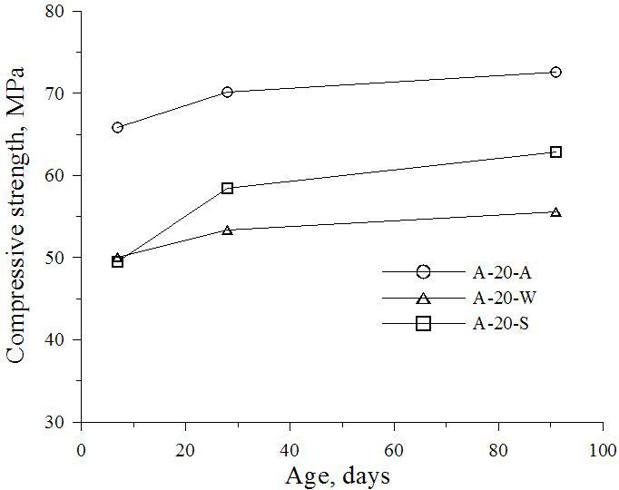 지오폴리머 콘크리트의 압축강도 (S/N=1.0및 20M NaOH)