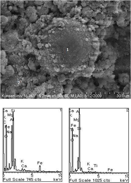 30℃ 양생 지오폴리머의 SEM 사진 및EDS 프로파일 (재령 7일)