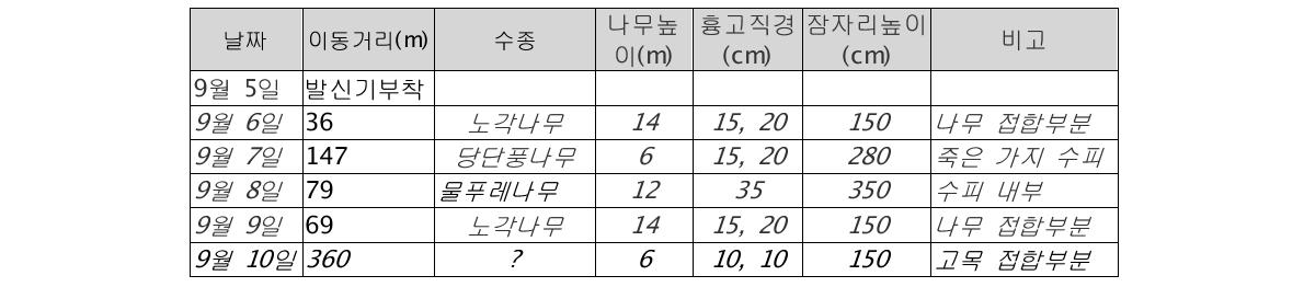 지리산에서 쇠큰수염박쥐(암컷, 성체)의 발신기 추적결과