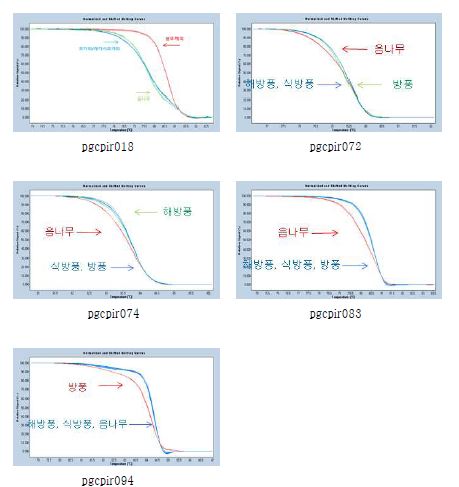 그림 3-6. HRM을 통한 7종 자원식물의 sequence validation. 섬오갈피, 오갈피, 흰털오갈피,음나무, 해방풍, 방풍, 식방풍의 염기서열 변이를 보인 primer set 중 대표적 14개의 sequence validation 결과