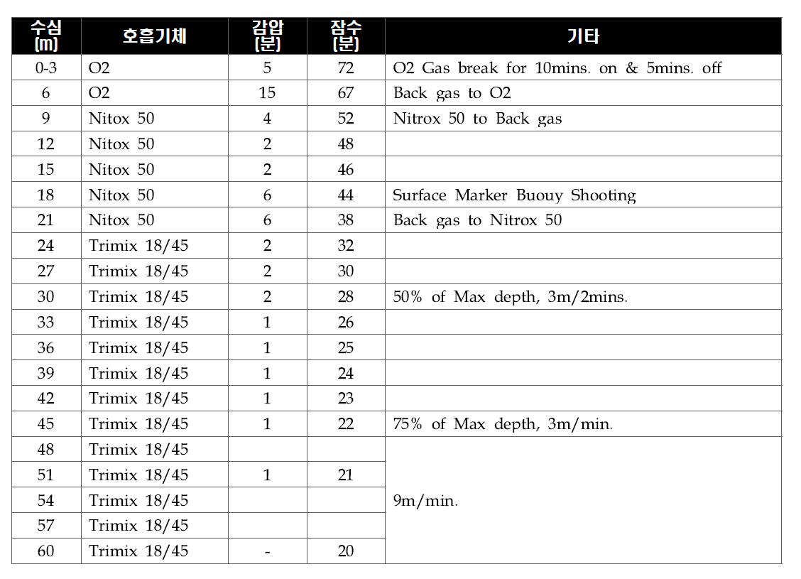 잠수조사 시 다이빙 계획(수심 60m 20분 )