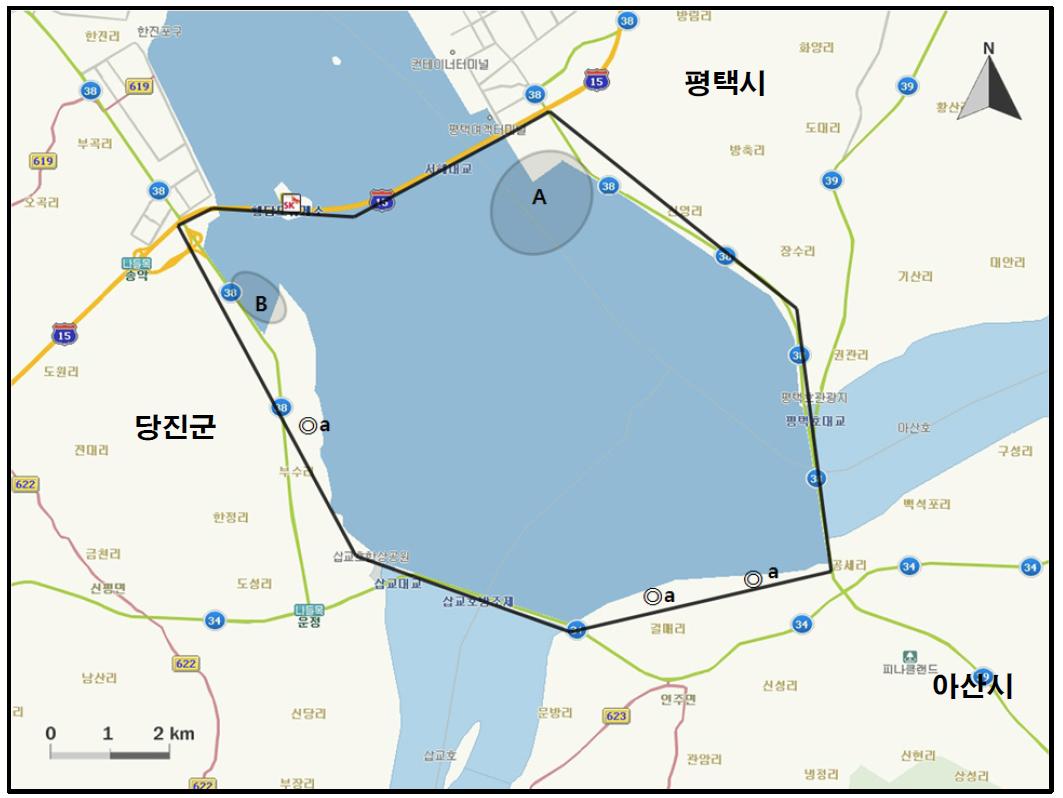 아산만에서 개체수가 많이 관찰된 지역( )과 멸종위기 야생동식물 Ⅰ급(●), Ⅱ급(◎) 조류가 관찰된 지역.