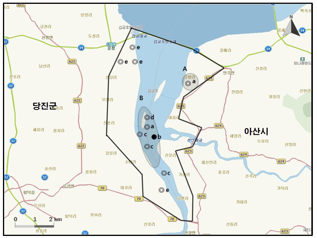 삽교호에서 개체수가 많이 관찰된 지역( )과 멸종위기 야생동식물 Ⅰ급(●), Ⅱ급(◎) 조류가 관찰된 지역.