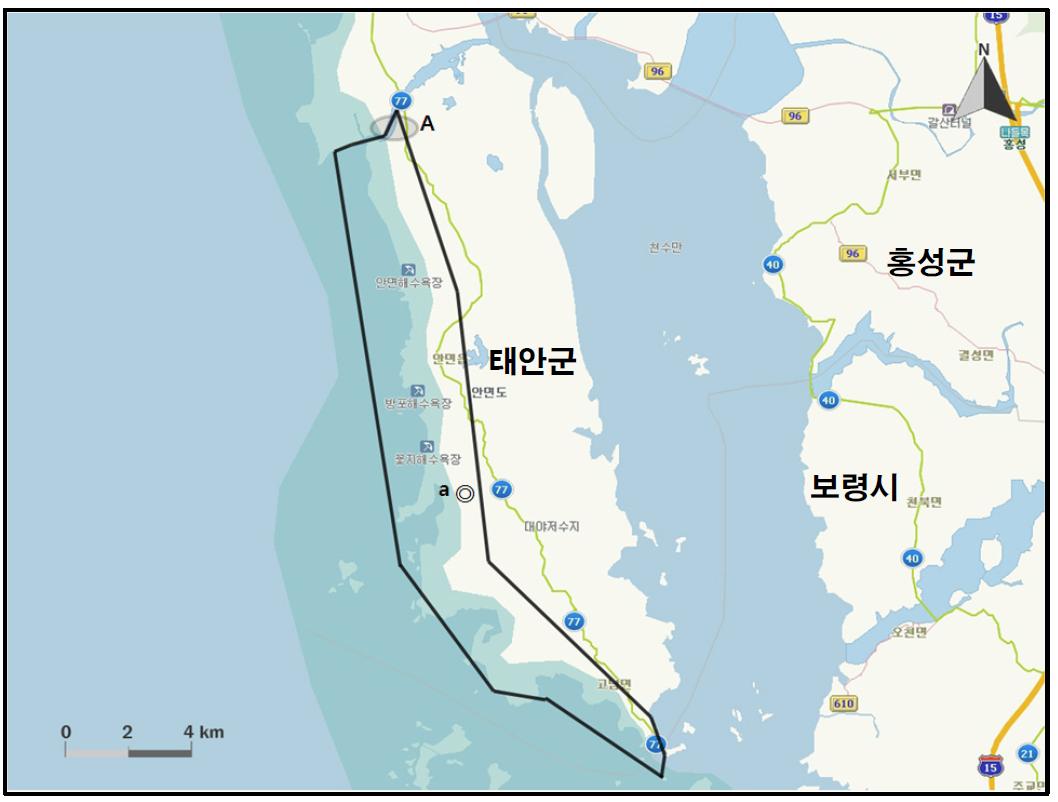 안면도 해안에서 개체수가 많이 관찰된 지역( )과 멸종위기 야생동식물 Ⅱ급(◎) 조류가 관찰된 지역