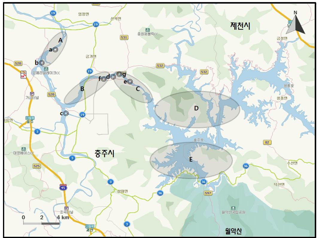 충주호 지역에서 개체수가 많이 관찰된 지역( )과 멸종위기 야생동식물 Ⅱ급(◎) 조류가 관찰된 지역.