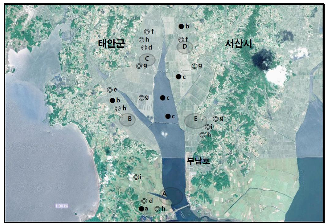 부남호 지역에서 개체수가 많이 관찰된 지역( )과 멸종위기 야생동식물 Ⅰ급(●), Ⅱ급(◎) 조류가 관찰된 지역