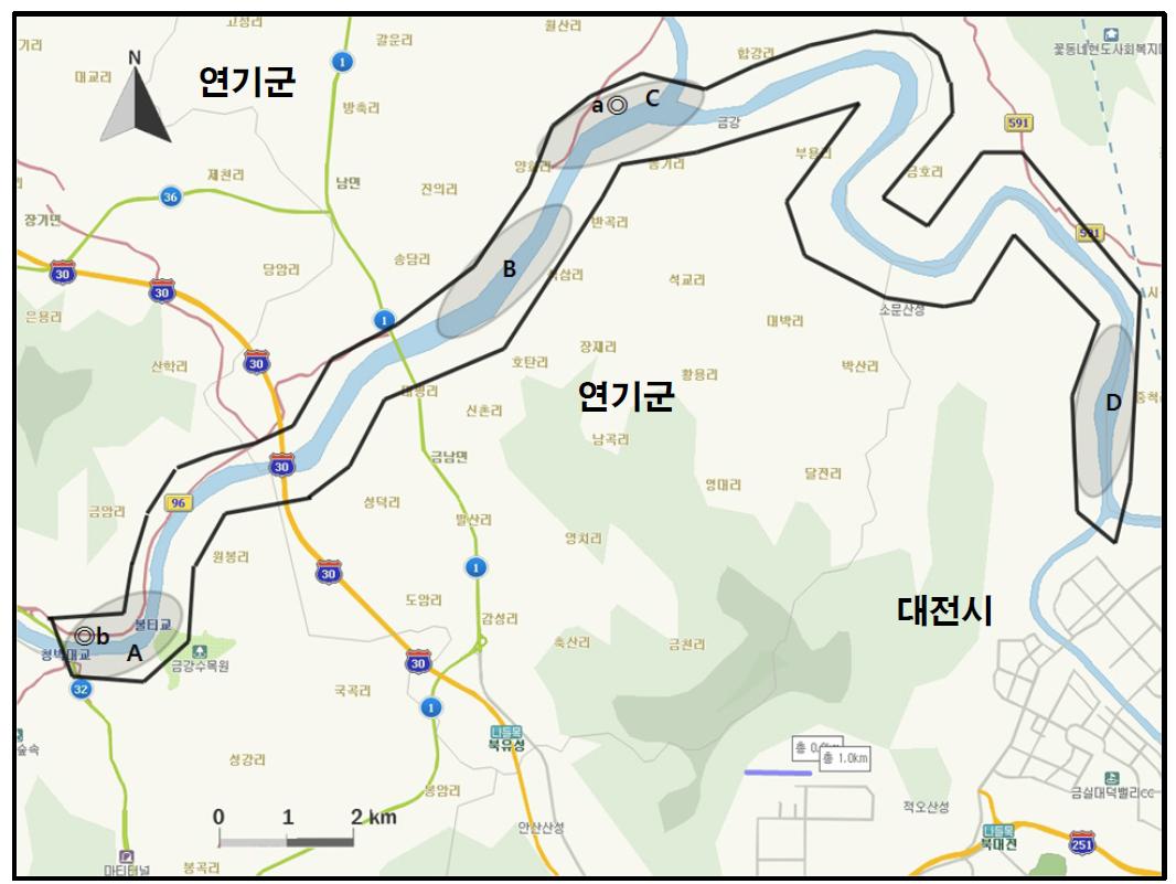 금강상류 지역에서 개체수가 많이 관찰된 지역( )과 멸종위기 야생동식물 Ⅰ급(●), Ⅱ급(◎) 조류가 관찰된 지역