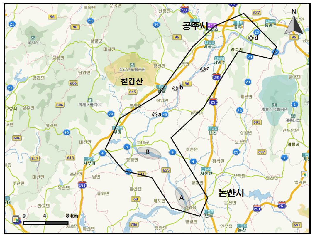 금강중류(황산대교-청벽대교) 지역에서 개체수가 많이 관찰된 지역( )과 멸종위기 야생동식물 Ⅰ급(●), Ⅱ급(◎) 조류가 관찰된 지역