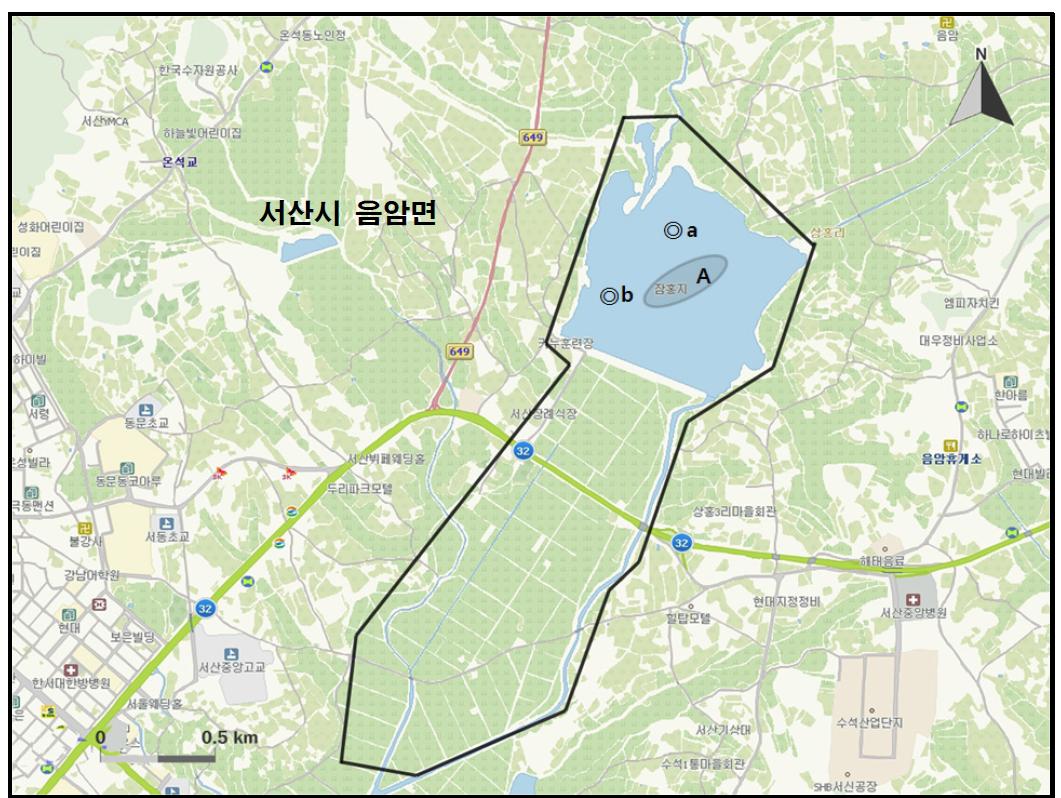 잠홍저수지 지역에서 개체수가 많이 관찰된 지역( )과 멸종위기 야생동식물 Ⅰ급(●), Ⅱ급(◎) 조류가 관찰된 지역